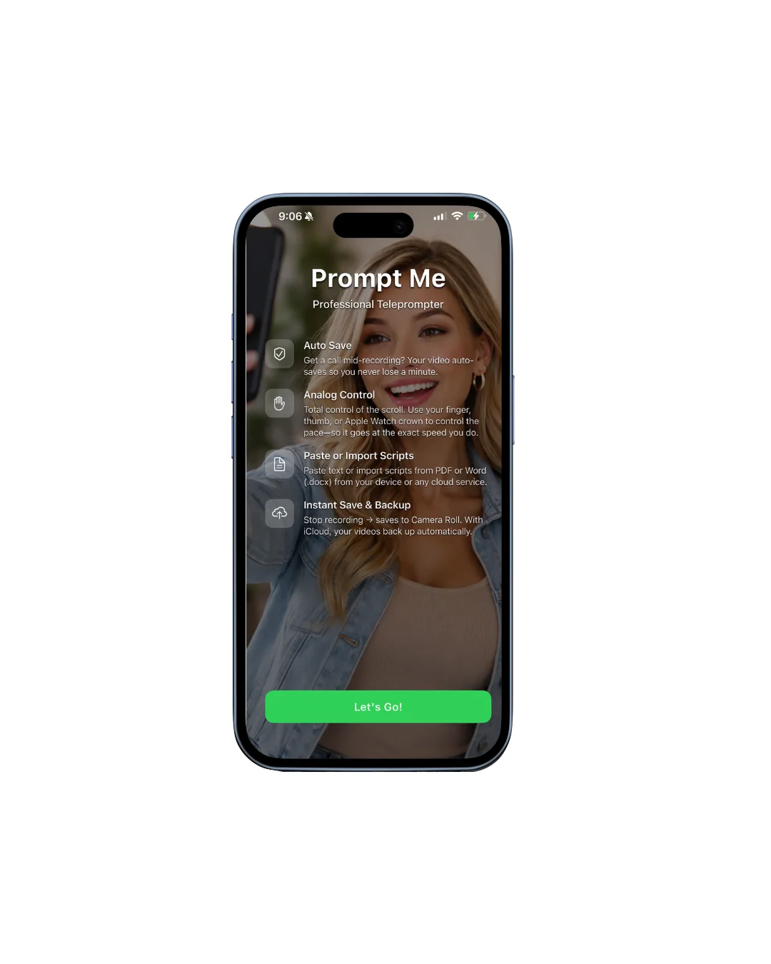 Prompt Me teleprompter app on iPhone with auto-scroll script and live camera preview